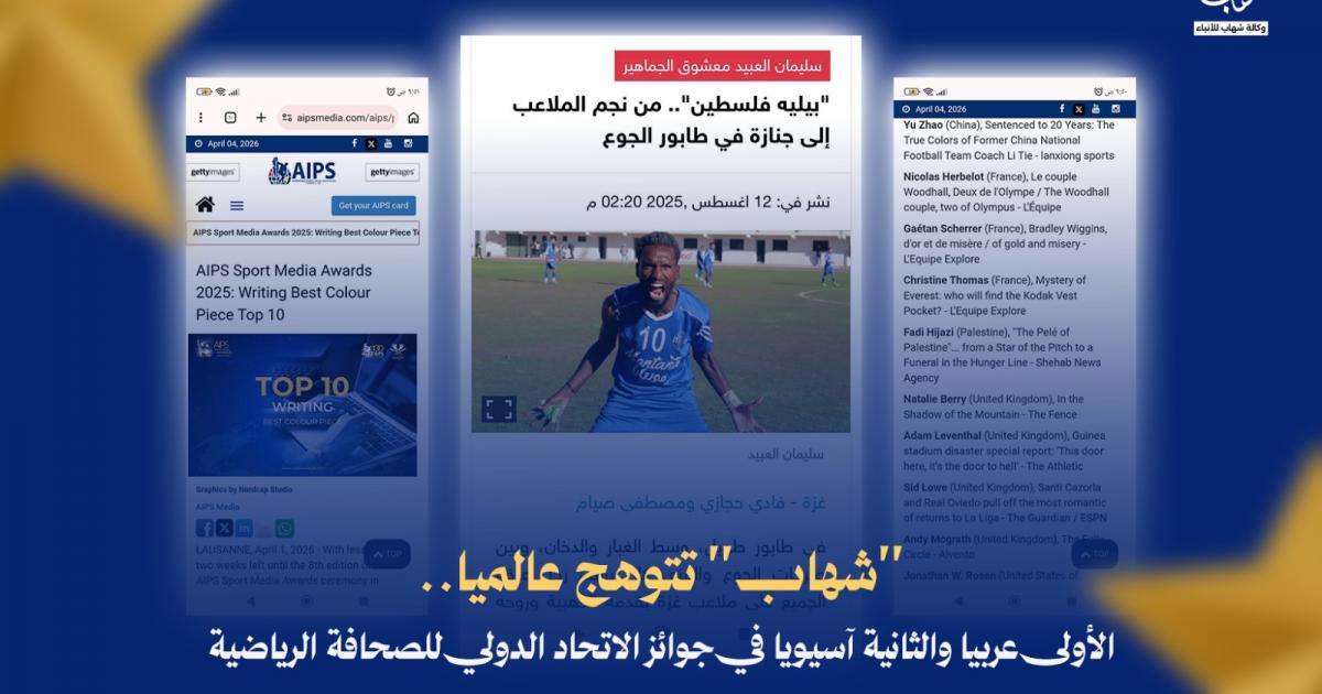 فلسطين – «شهاب» يتألق عالمياً.. الأول عربياً والثاني آسيوياً في جوائز الاتحاد الدولي للصحافة الرياضية