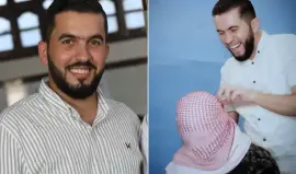 الشهيد محمد سمير قنيطة وهو يضع اللثام على الناطق باسم كتائب الشهيد عز الدين القسام