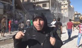 أثار الدمار نتيجة سقوط صاروخ من الطيران الروسي على حي المشهد في #حلب