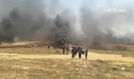 #فيديو اشعال كثيف للاطارات (الكوشوك) شرق البريج على حدود وسط القطاع ضمن فعاليات مسيرة العودة