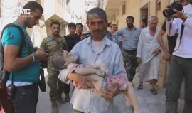 مشاهد مروعة: استشهاد خمسة مدنيين وإصـابة اثنين جراء قصف مقاتلات النظام على حي الميسر في #حلب