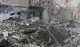 آثار الدمار جراء استهداف مدينة دوما بأكثر من 14 غارة جوية اليوم.