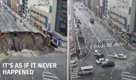 افتتاح طريق في مدينة فوكوكا اليابانية تعرض لحادث انهيار أرضي بشكل مفاجئ بعمق 50 قدما وسط مدينة فوكوكا اليابانية، بعد إصلاحات لمدة يومين فقط , وردم الحفرة الناجمة عن الحادث بـ6200 متر مكعب من الرمال والأسمنت.
 بدأ الأمر بحدوث حفرتين عميقتين في الطريق، تحول