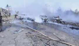 مشاهد من مكان انفجار سيارة مفخخة استهدفت منطقة تجمع حافلات (كفريا، الفوعة) في حي الراشدين غرب حلب وأدت الى ارتقاء أكثر من 100 شهيد وعشرات الجرحى