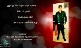 "أحياء عند ربهم يرزقون" 
يوافق اليوم الذكرى الثانية لاستشهاد عبدالحميد أبو سرور (19) عامًا من مخيم عايدة ببيت لحم متأثراً بجروحه التي أصيب بها بعد تفجيرحافلة مستوطنين بالقدس المحتلة.