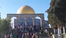 لحظة دخول المصلين للمسجد الأقصى بعد انسحاب قوات الاحتلال وفتح البوابات.