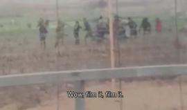 An Israeli sniper shoot unarmed Palestinian and say while laughing " someone was hit in head" in #Gaza fences