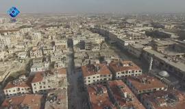 تصوير جوي يظهر الدمار الهائل لمدينة كفرحمرة بريف حلب الشمالي