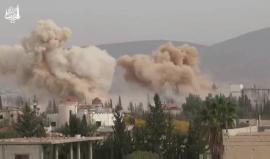 سقوط أربع براميل متفجرة و تطاير الشجر و الحجر في خان الشيح