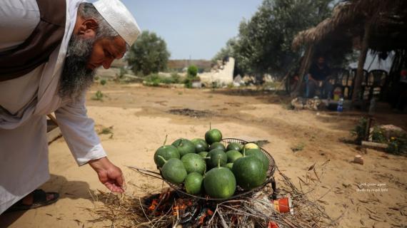إعداد "اللصيمة" أو "القرصة" الأكلة الشعبية التي يشتهر بها أهل جنوب قطاع غزة.. تصوير مجدي فتحي