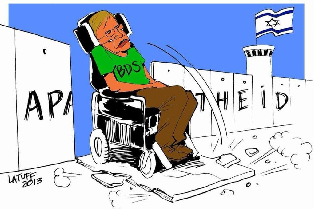 كاريكاتير الرسام البرازيلي كارلوس لاتوف تكريماً لعالم الفيزياء البريطاني ستيفن كوهينغ، الذي يعتبر من أبرز دعاة مقاطعة إسرائيل. 