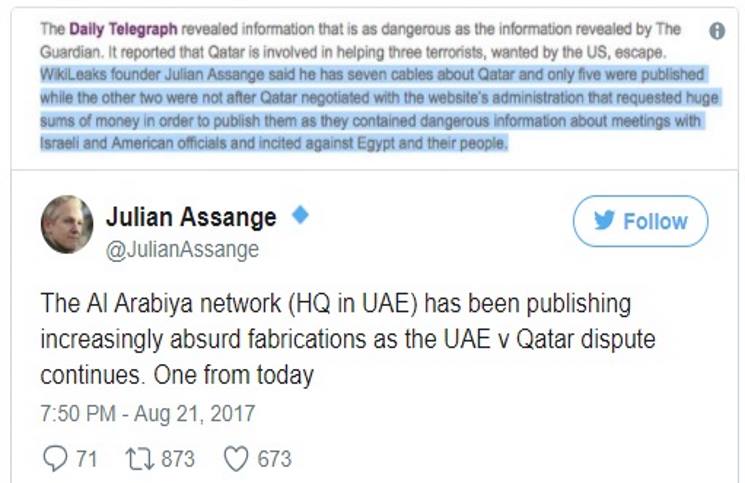تغريدة مؤسس موقع ويكليكس جوليان أسانج